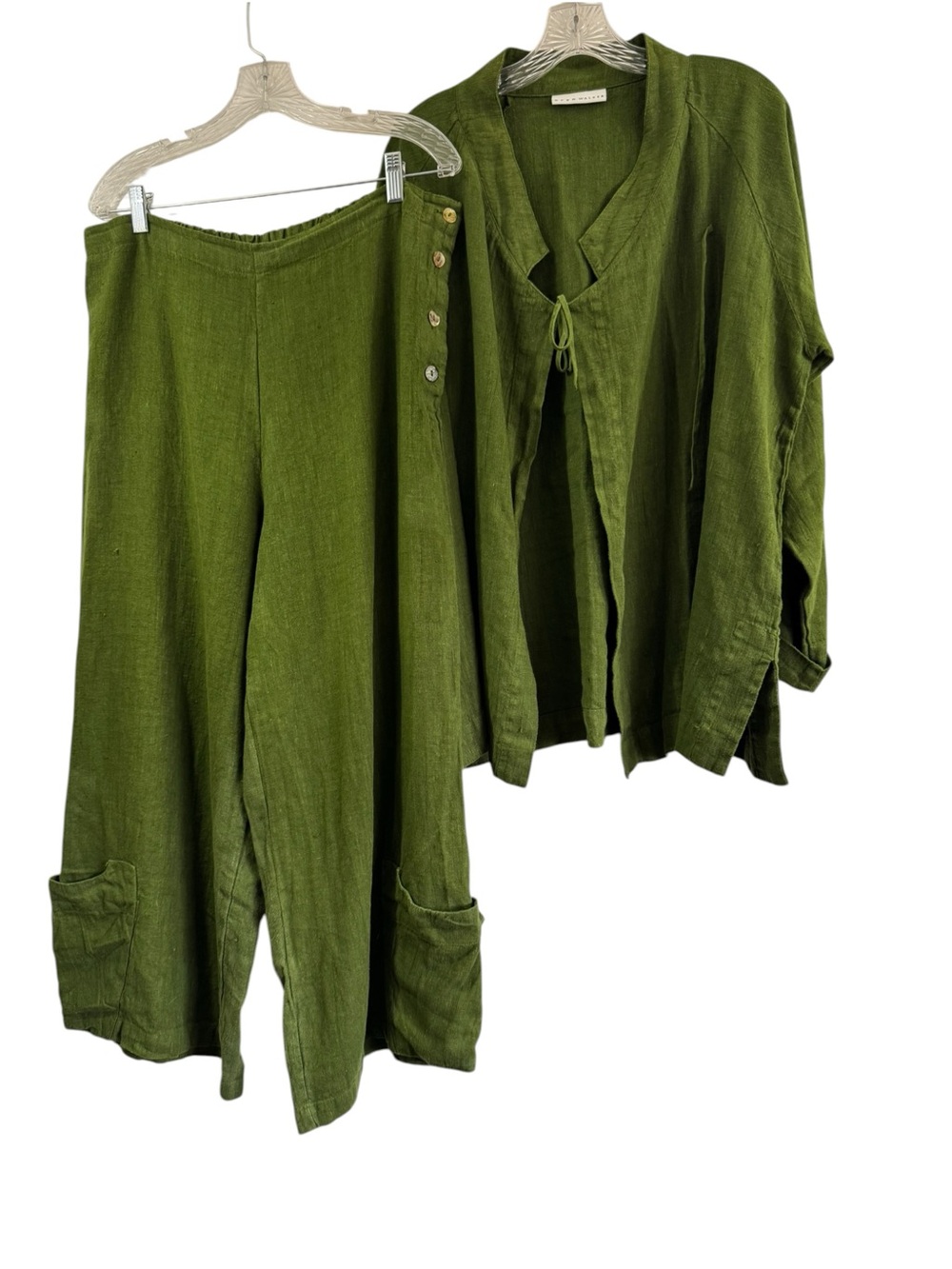 Bryn Walker Pant Jacket Set 100% Linen Top Wide Leg Crop Cargo Lagenlook Sz M/L